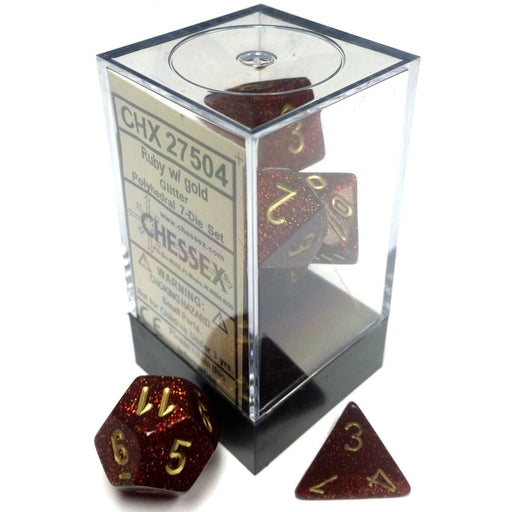 D7-Die Set Dice Glitter Polyhedral Ruby/Gold (7 Dice in Display)   