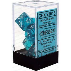 D7-Die Set Dice Translucent Polyhedral Teal/White (7 Dice in Display)   